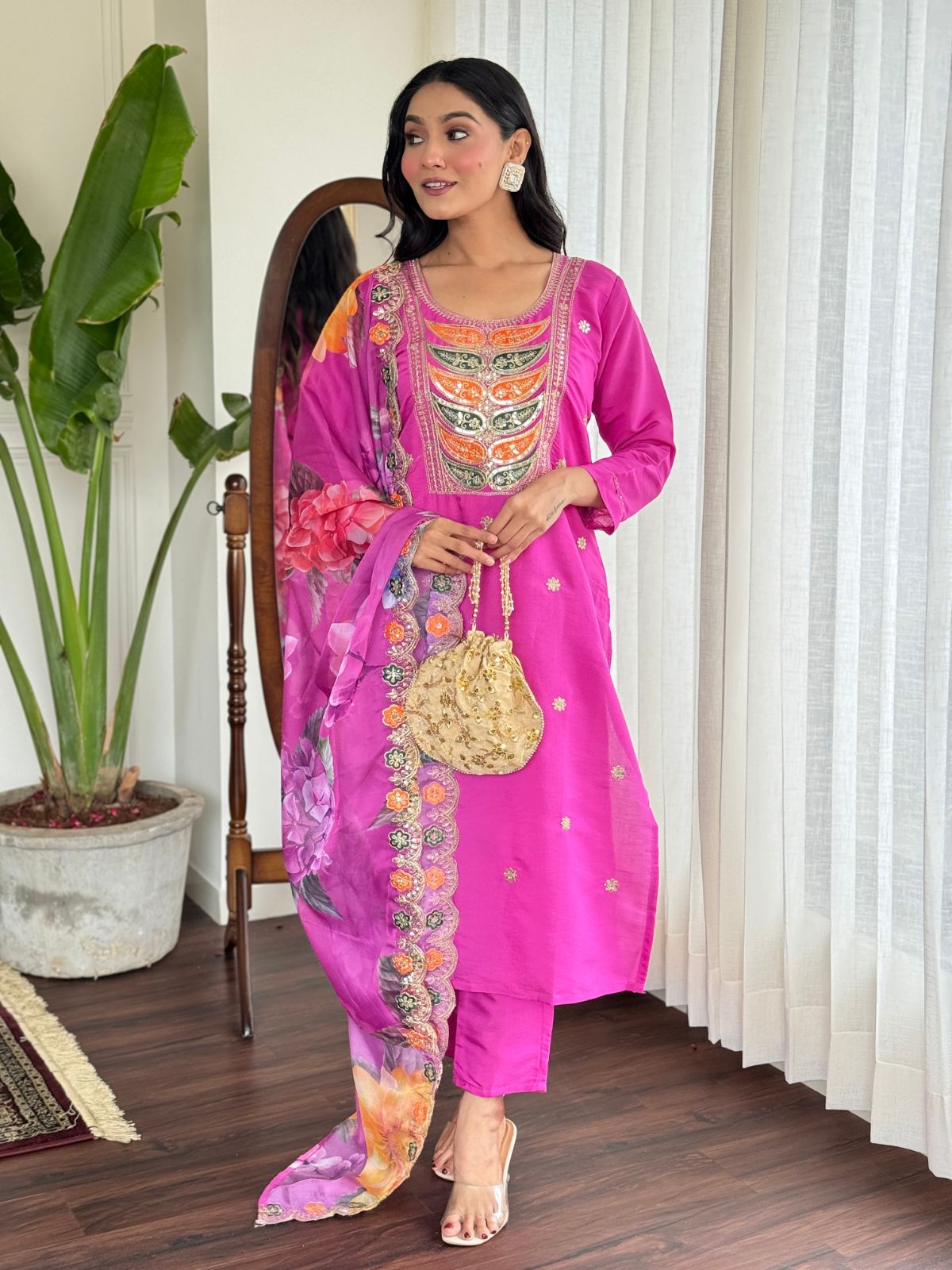 Odette Pink Viscose Embroidered Stitched Kurta Set For Women