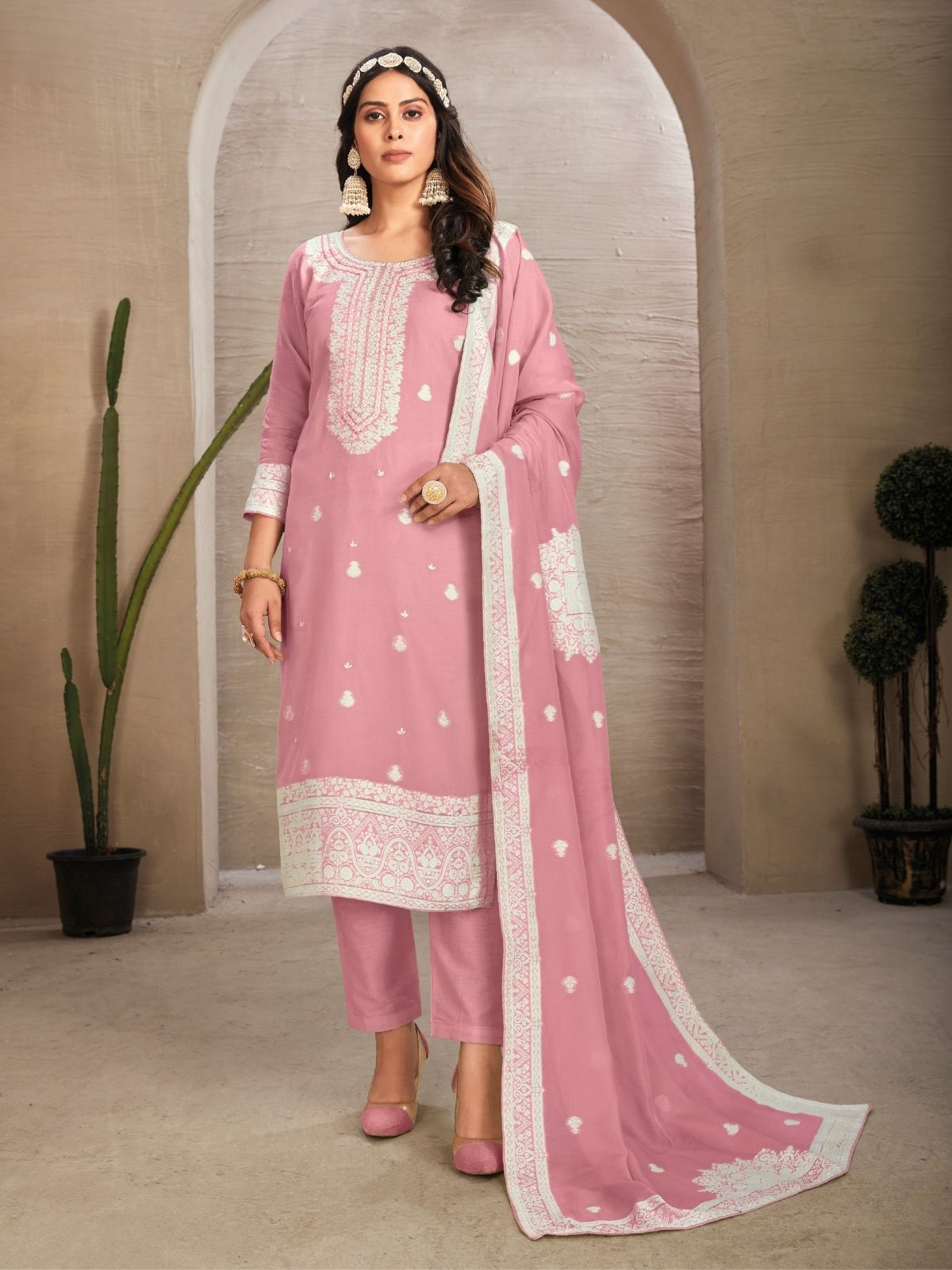 Odette Pink Organza Embroidered Semi-Stitched Kurta Set For Women