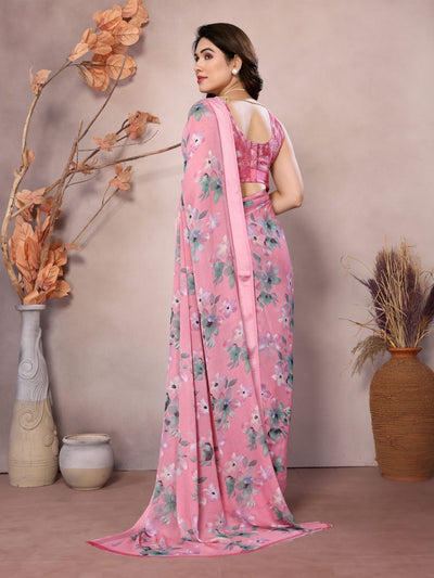 Odette Pink Satin Printed Saree With Unstitched Blouse For Women