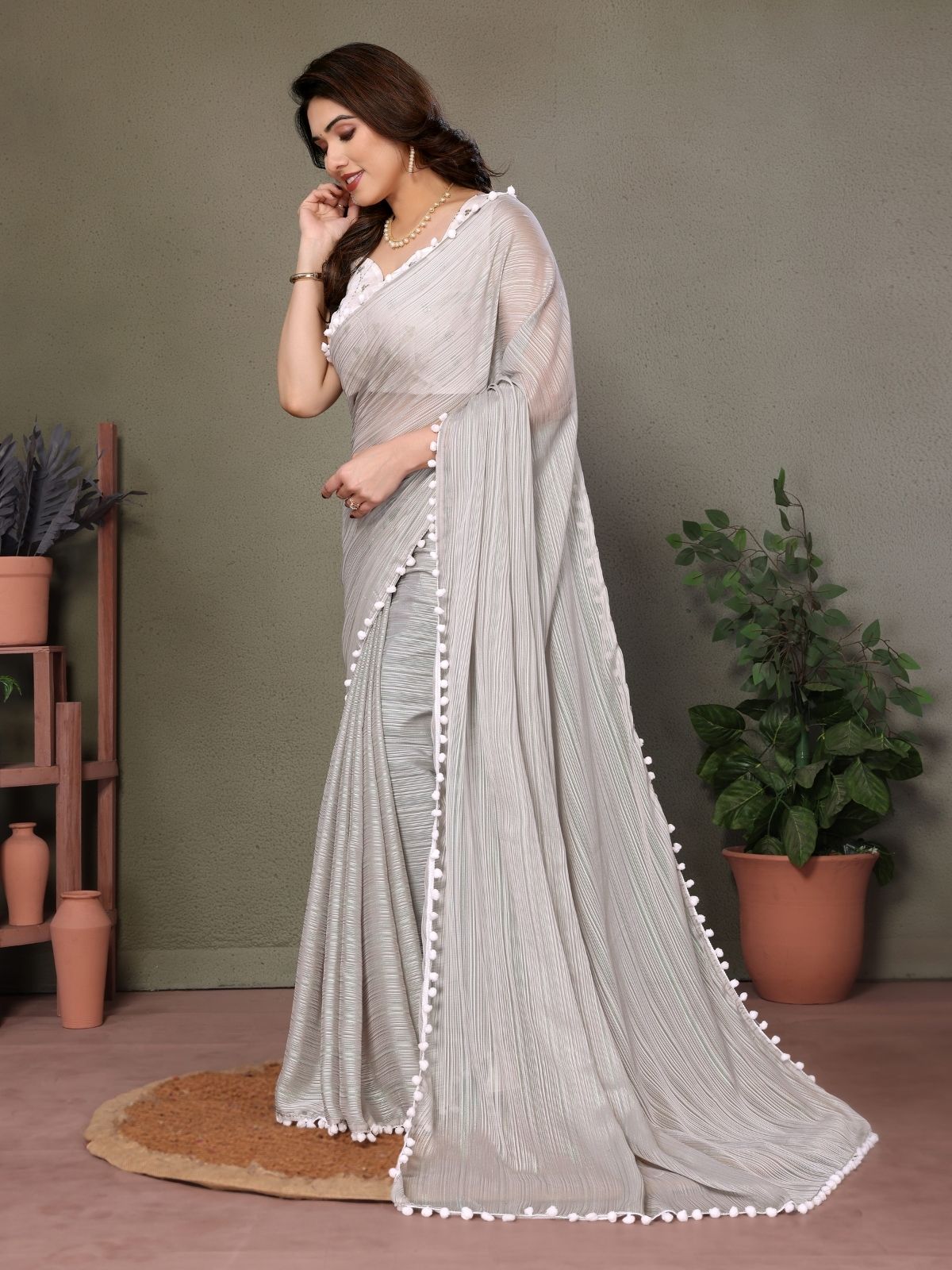 Odette Grey Banglori Lace Work Saree With Unstitched Blouse For Women