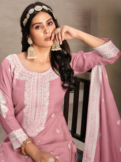 Odette Pink Organza Embroidered Semi-Stitched Kurta Set For Women