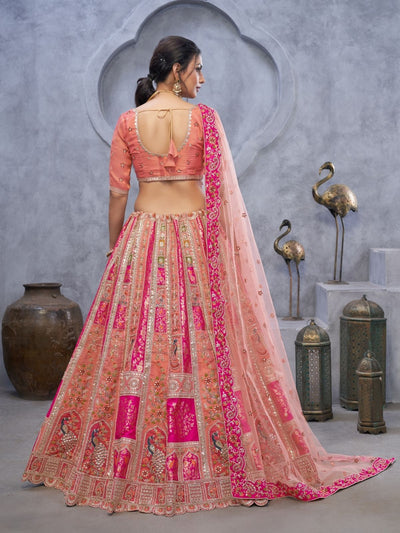 Odette Peach Organza Embellished Semi-Stitched Lehenga With Unstitched Blouse For Women