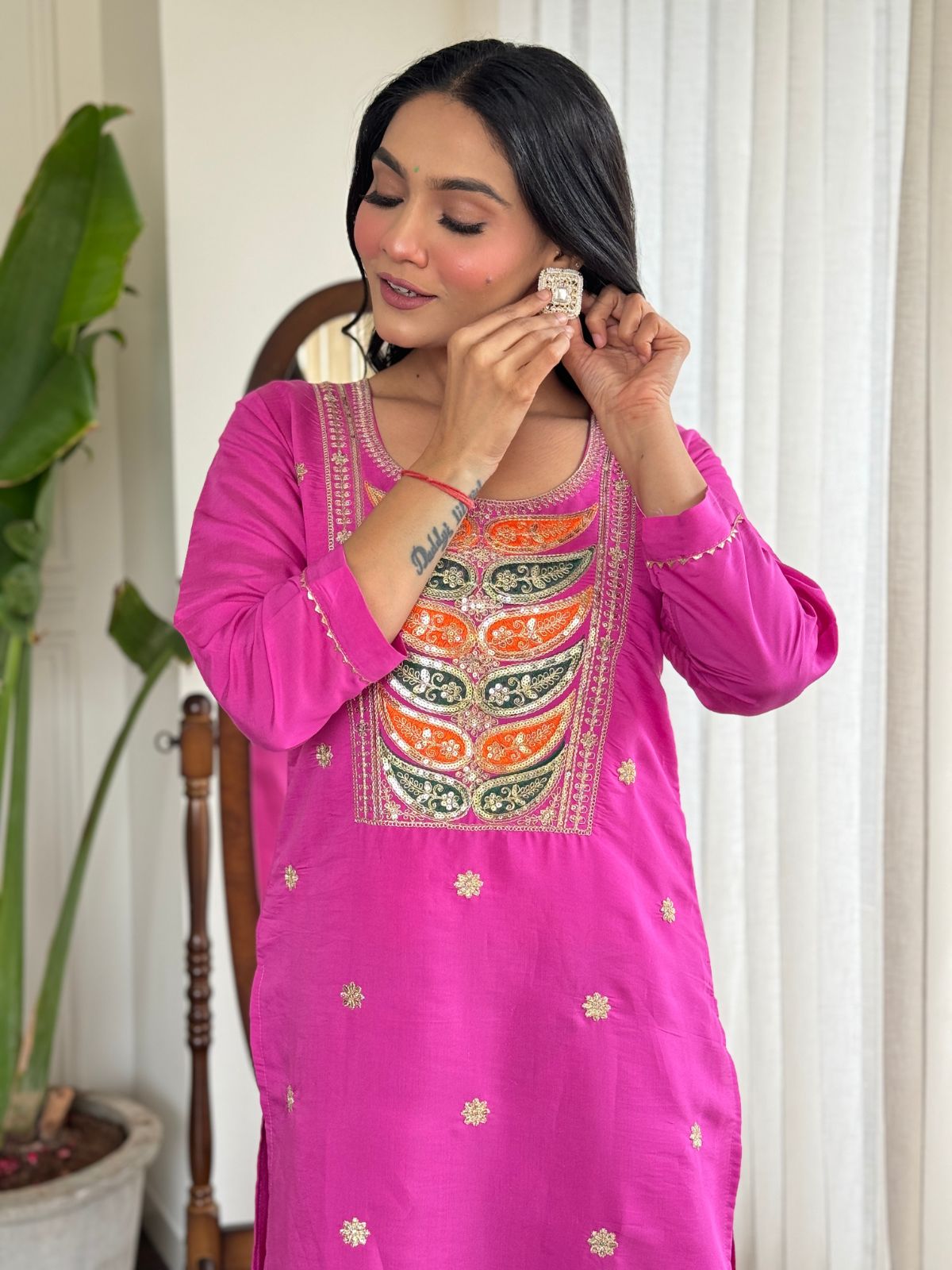 Odette Pink Viscose Embroidered Stitched Kurta Set For Women