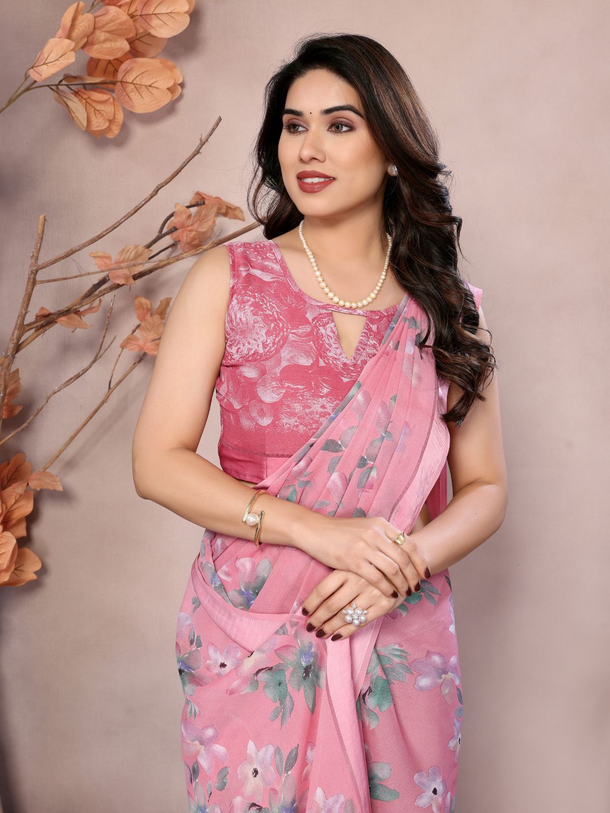 Odette Pink Satin Printed Saree With Unstitched Blouse For Women