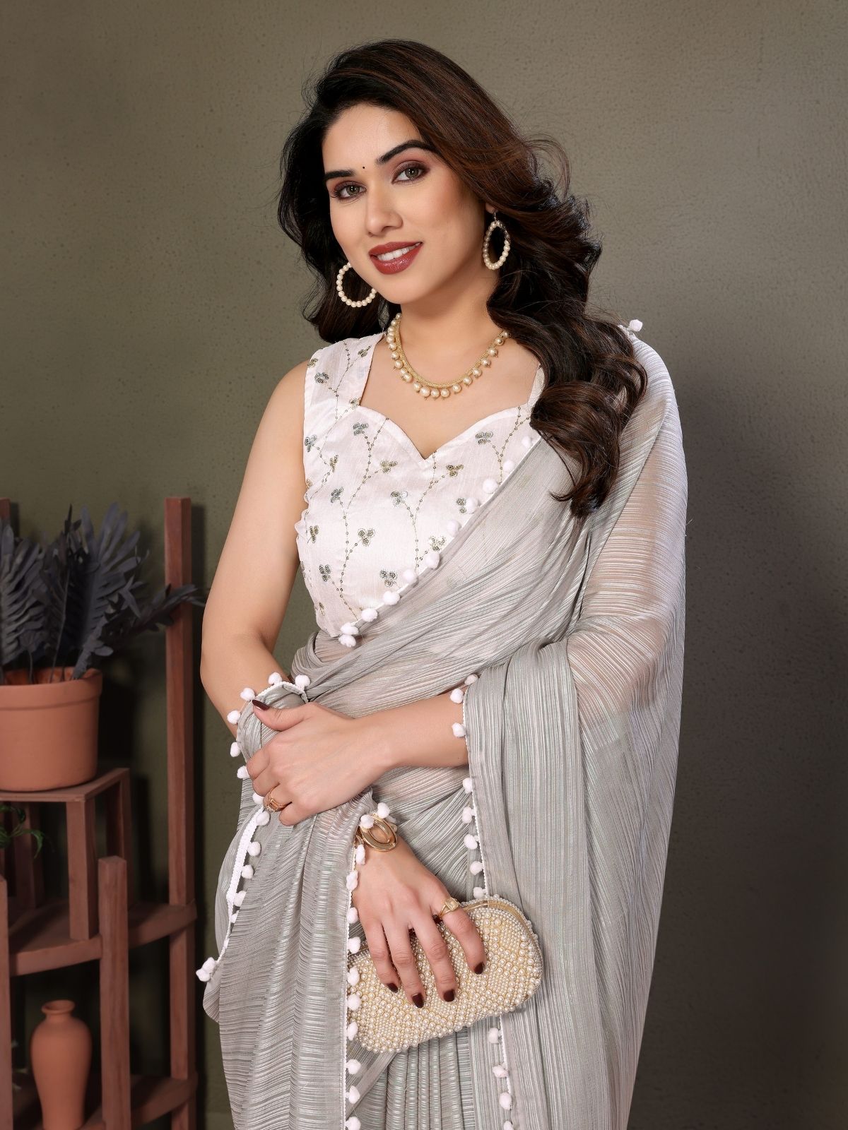 Odette Grey Banglori Lace Work Saree With Unstitched Blouse For Women