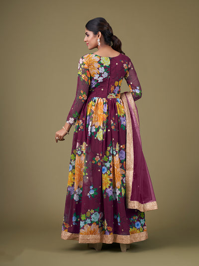 Odette Purple Faux Georgette Printed Semi Stitched Anarkali Kurta Set For Women