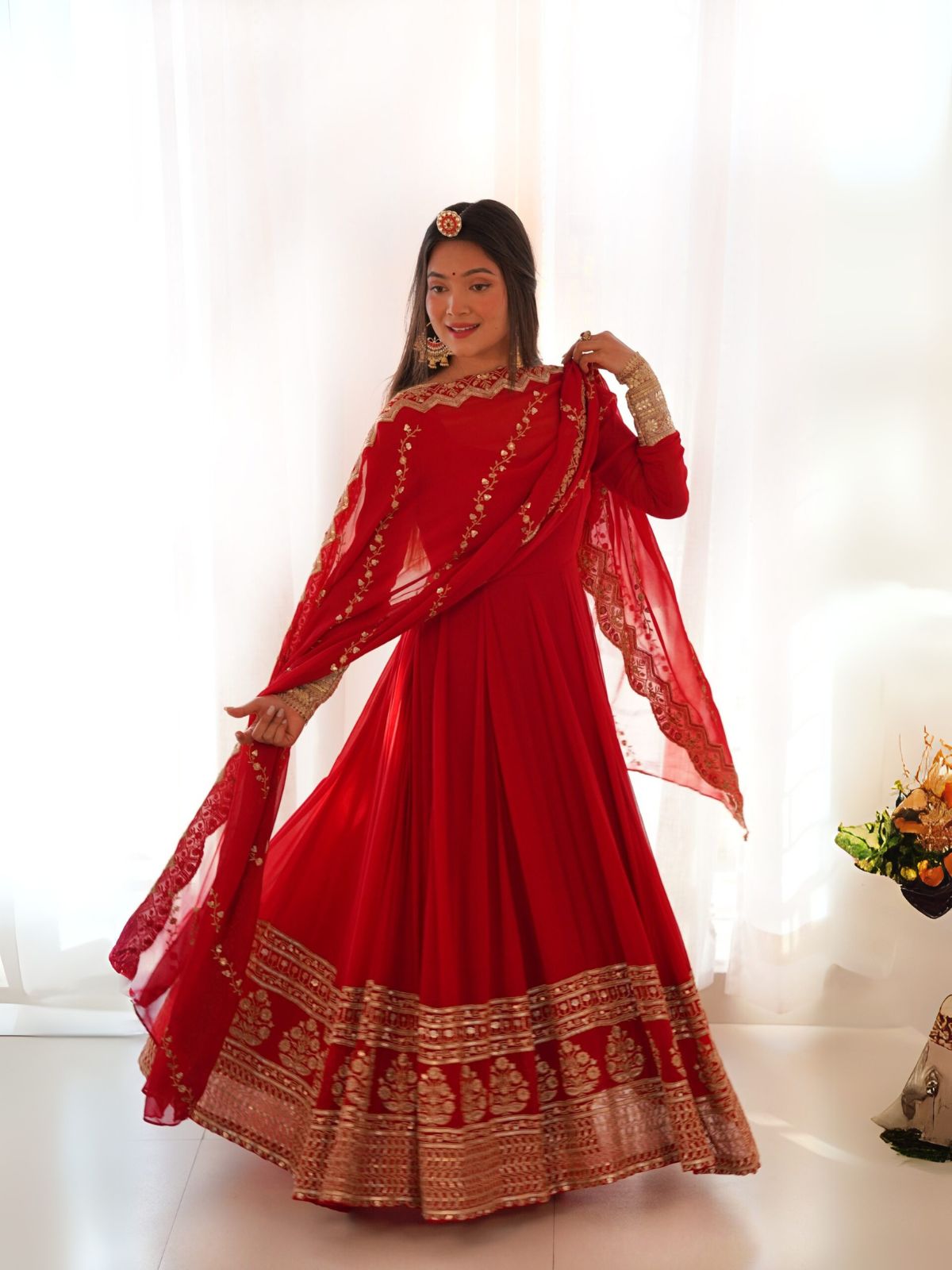 Odette Red Georgette Embroidered Stitched Gown For women