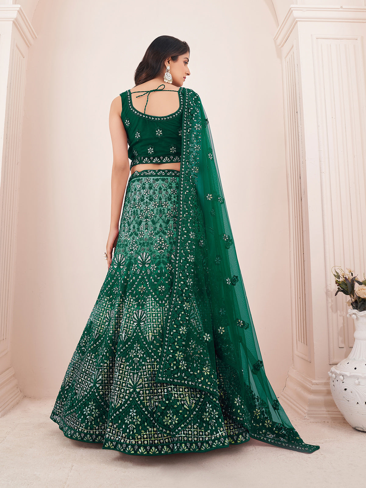 Odette Green Net Embroidered Semi Stitched Lehenga With Unstitched Blouse for Women