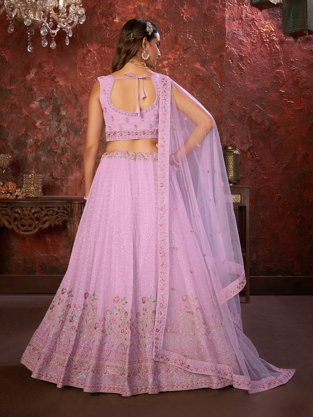 Odette Purple Georgette Embellished Semi Stitched Lehenga With Unstitched Blouse for Women