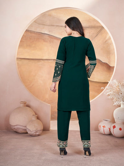 Odette Dark Green Georgette Embroidered Stitched Kurta Set For Women