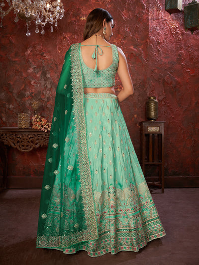 Odette Sea Green Net Embellished Semi Stitched Lehenga With Unstitched Blouse for Women