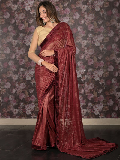 Odette Maroon Jacquard Lycra Woven Saree with Unstitched Blouse for Women