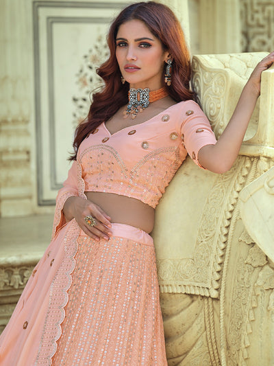 Odette Peach Embellished Georgette Semi Stitched Lehenga With Blouse For Women