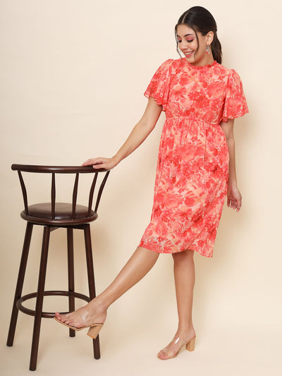 Odette Pink Chiffon Printed Stitched Western Dress For Women