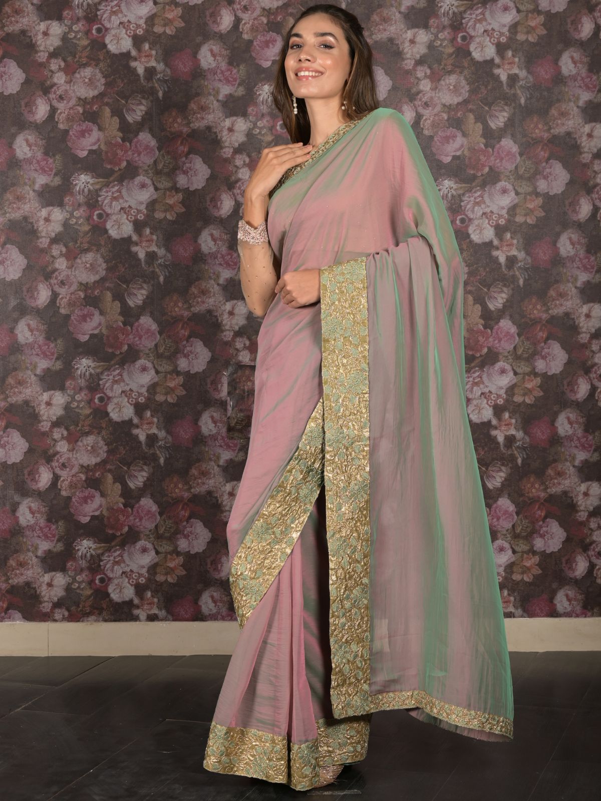 Odette Green and Pink Double Shaded Embroidered Crepe Saree with Unstitched Blouse for Women