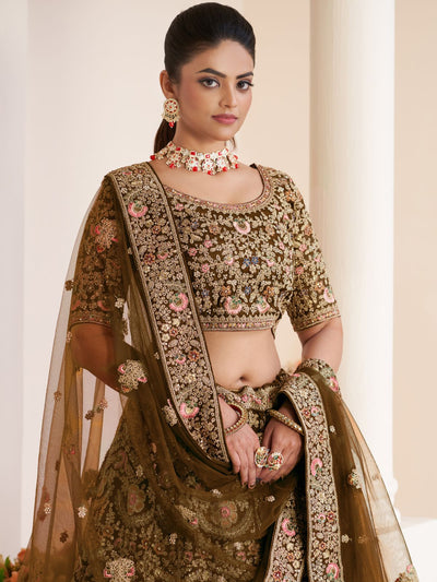 Odette Brown Net Embroidered Semi Stitched Lehenga With Unstitched Blouse for Women