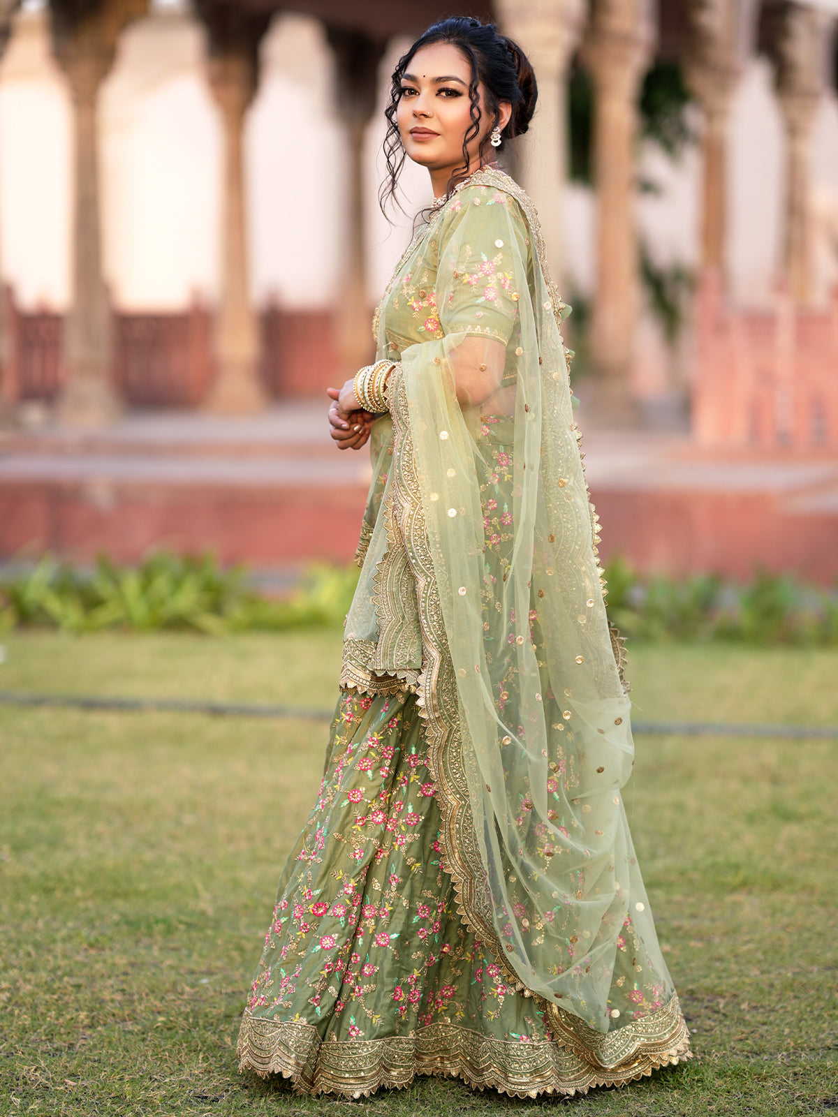 Odette Women Light Green Floral Semi Stitched Lehenga With Unstitched Blouse