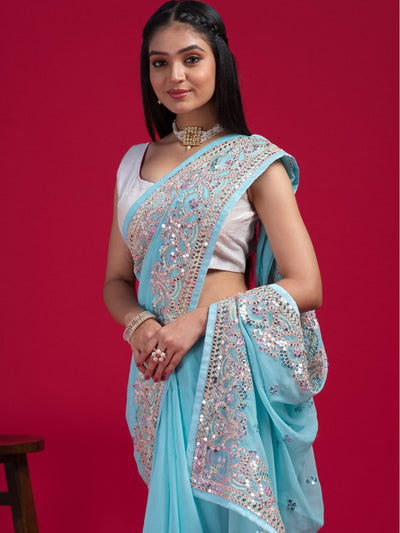 Odette - Blue Georgette Embroidered Saree with Unstitched Blouse