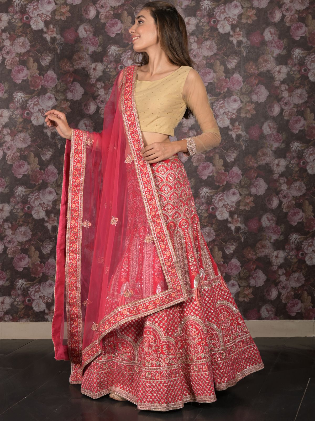 Odette Pink Velvet Embroidered Semi Stitched Lehenga With Unstitched Blouse For Women