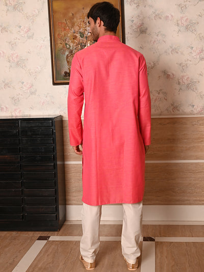 Odette Pink Woven Cotton Polyester Kurta Set For Men