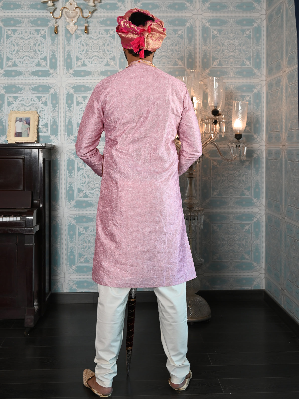 Odette Pink Printed Embroidered Cotton Kurta Set For Men