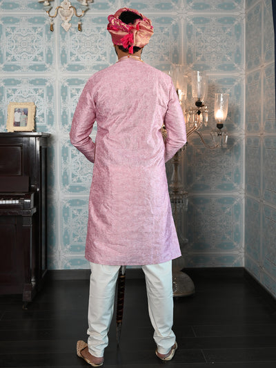 Odette Pink Printed Embroidered Cotton Kurta Set For Men