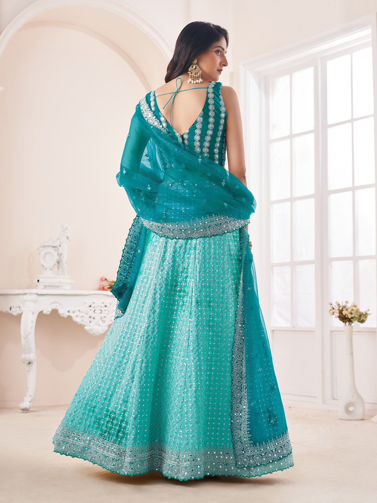 Odette Blue Shibori Crepe Embroidered Semi Stitched Lehenga With Unstitched Blouse for Women