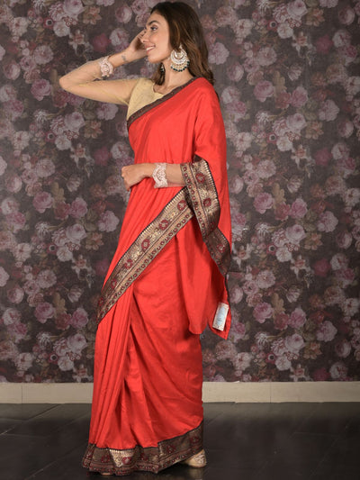 Odette Red Lace Embroidered Crepe Saree for Women