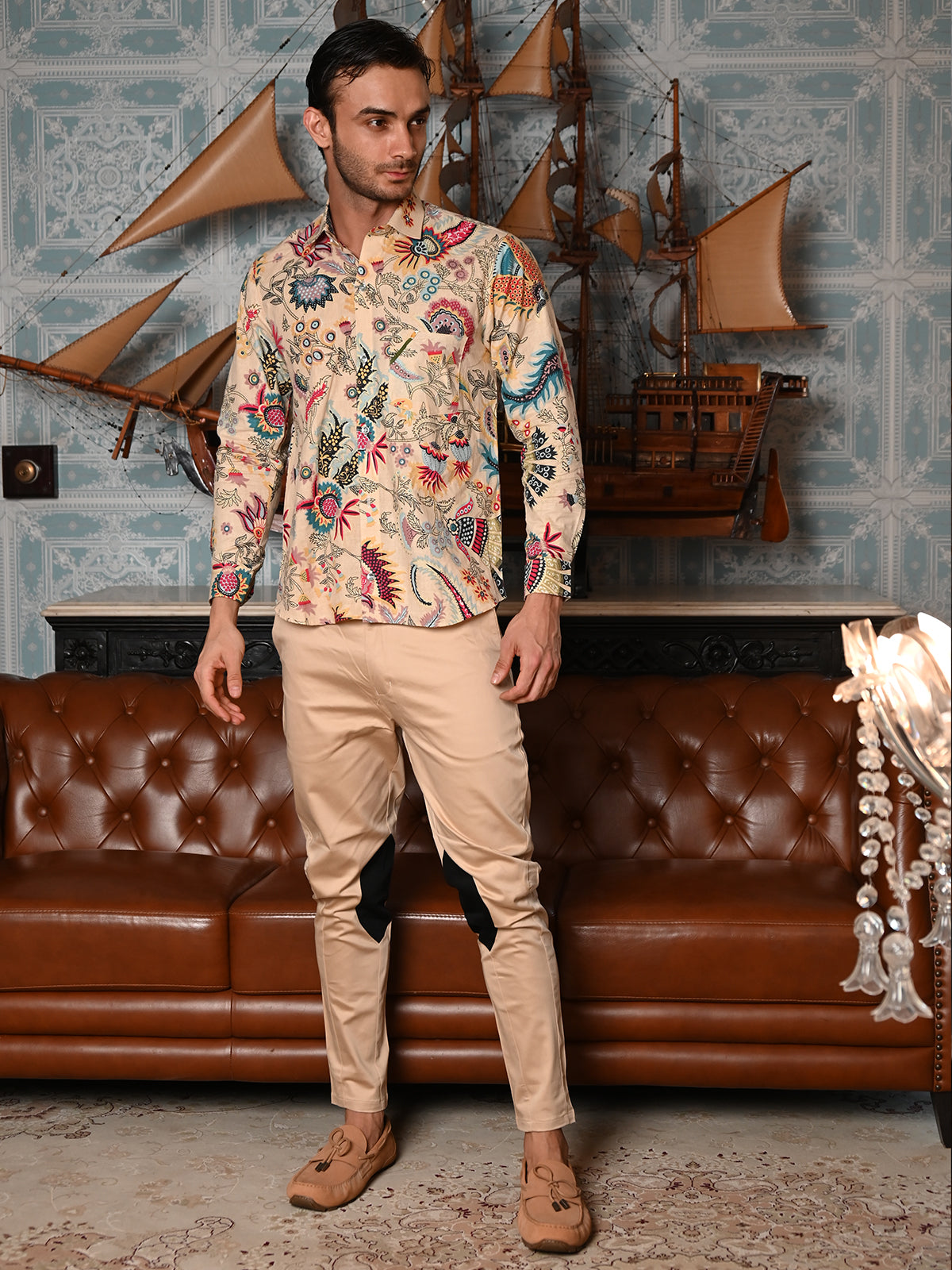 Odette Beige Tropical Printed Cotton Casual Shirt for Men