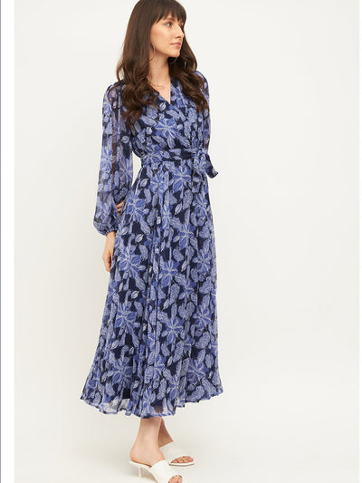 Odette Blue Rayon Stitched Printed Indo Western Dress For Women