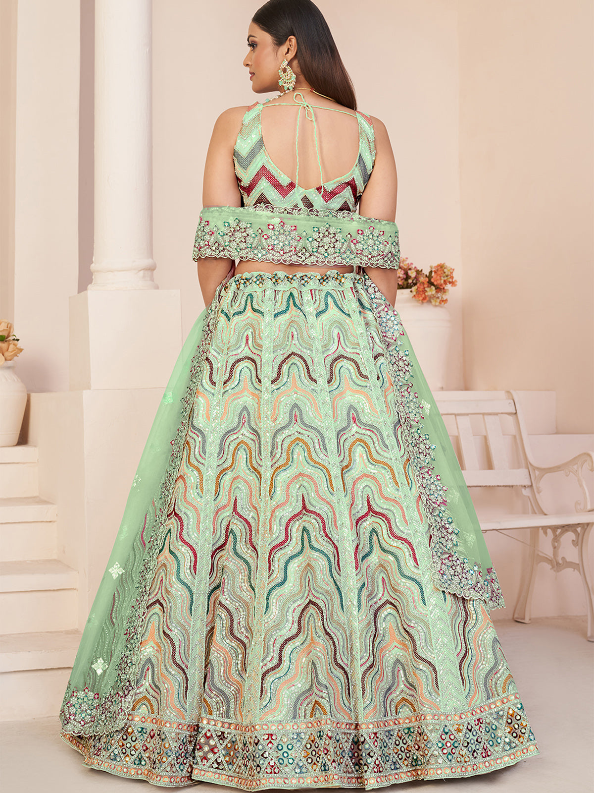 Odette Green Net Embellished Semi Stitched Lehenga With Unstitched Blouse for Women