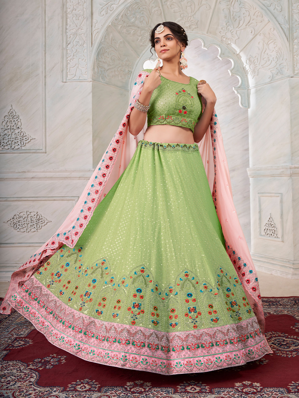 Odette Green Georgette Embroidered Semi Stitched Lehenga With Unstitched Blouse for Women