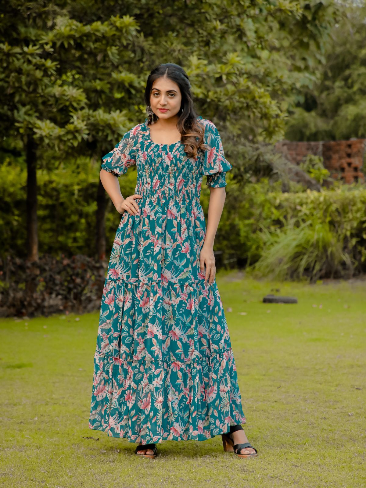 Odette Teal Georgette Stitched Printed Indo Western Dress For Women