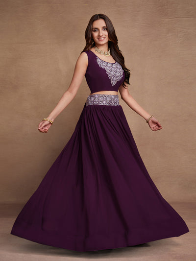 Odette Purple Georgette Embroidered Semi Stitched Lehenga With Unstitched Blouse for Women