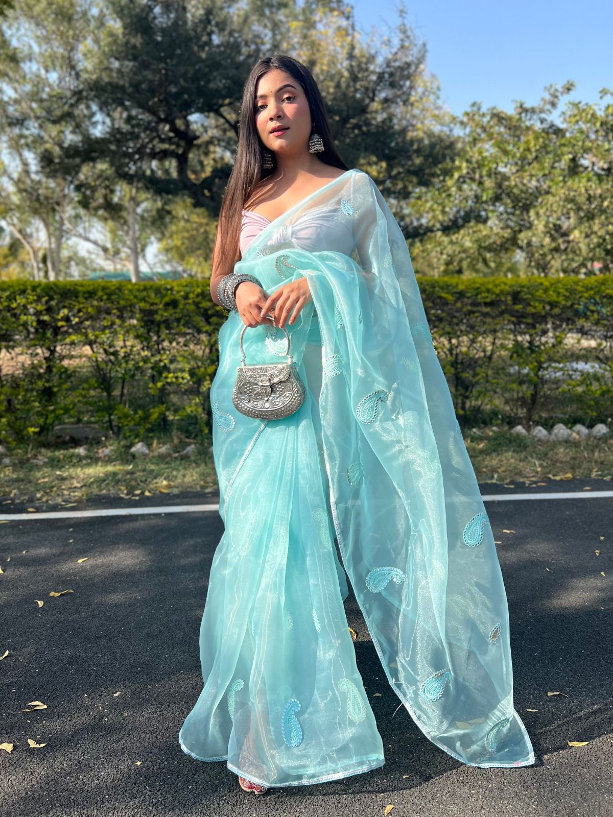 Odette Light Blue Organza Embroidered Saree With Unstitched Blouse For Women