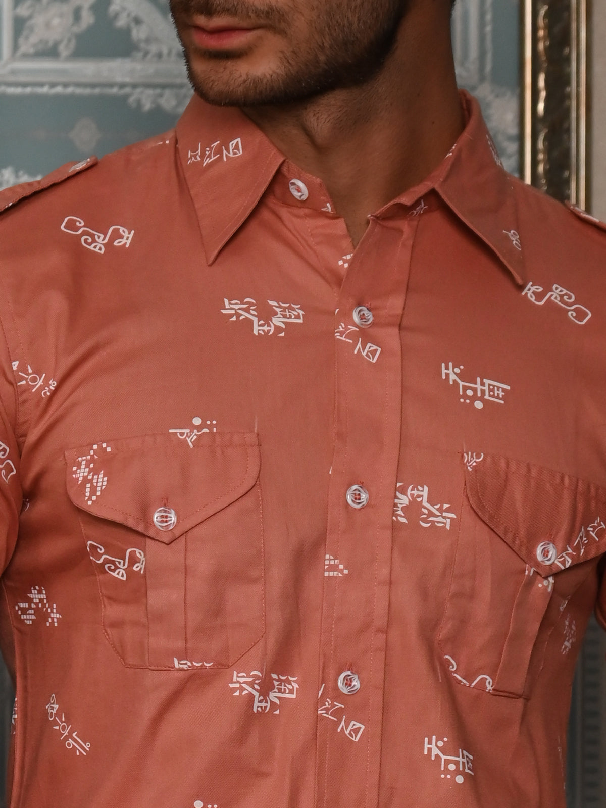Odette Peach Printed Cotton Hunting Shirt for Men