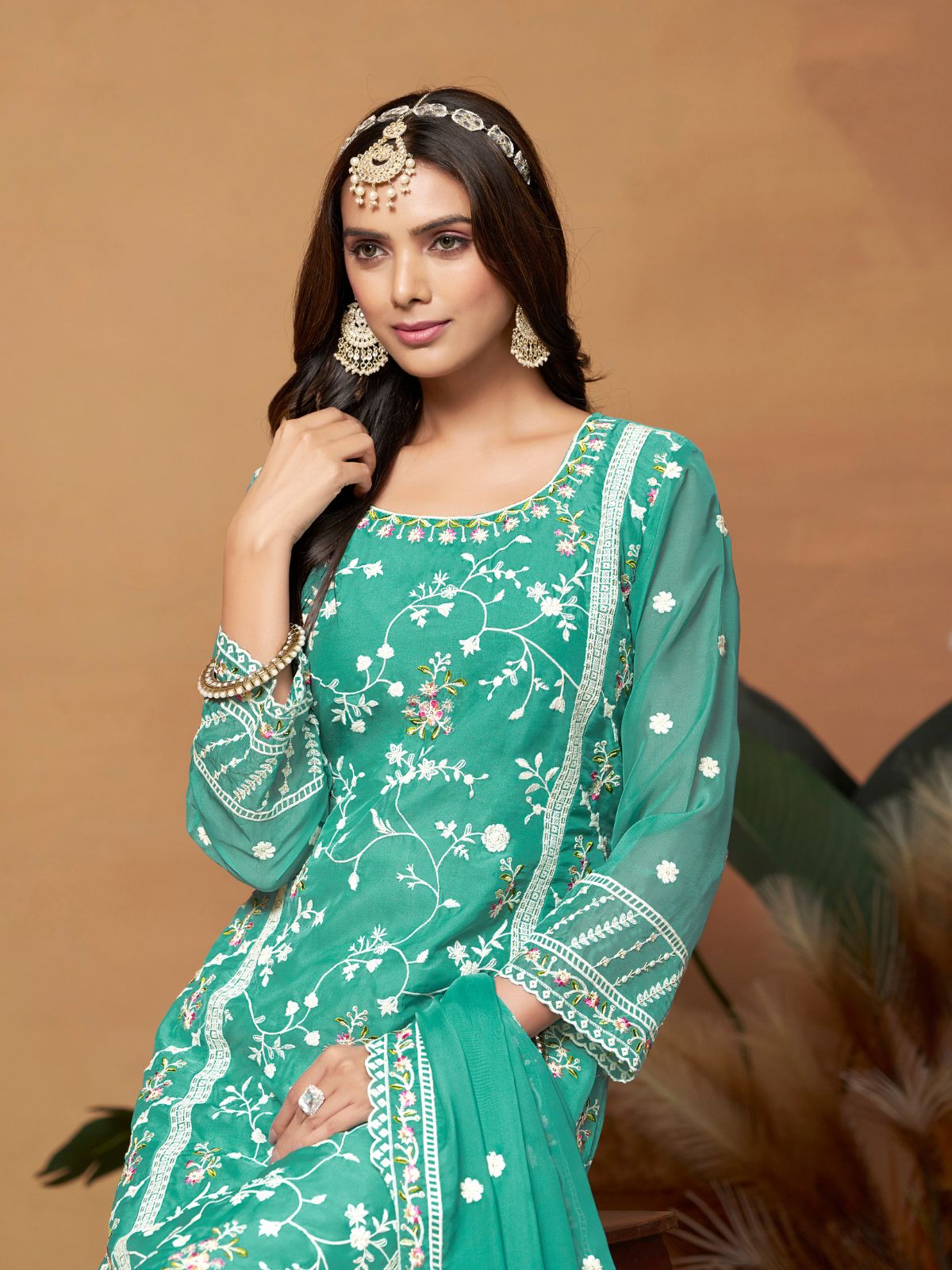 Odette Sea green Embroidered Semi Stitched Kurta Set  For Women