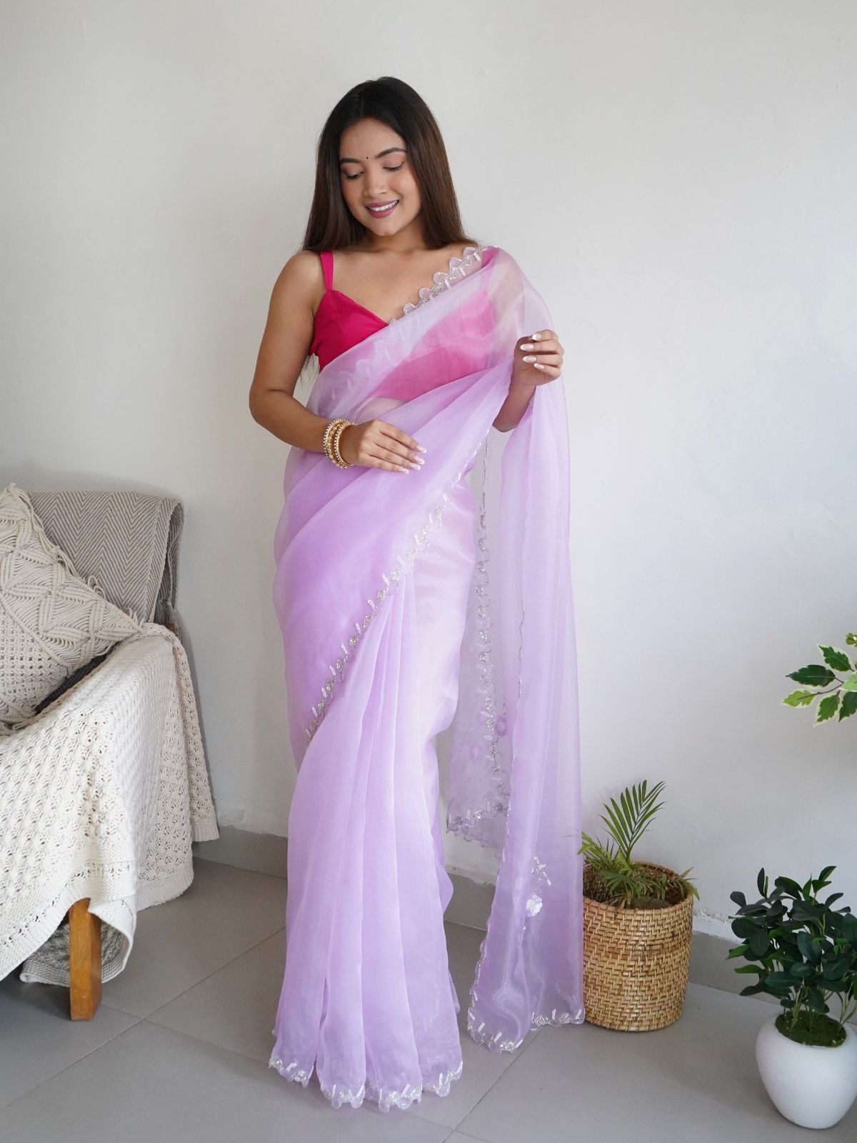 Odette Pink Organza Embroidered Saree With Unstitched Blouse For Women