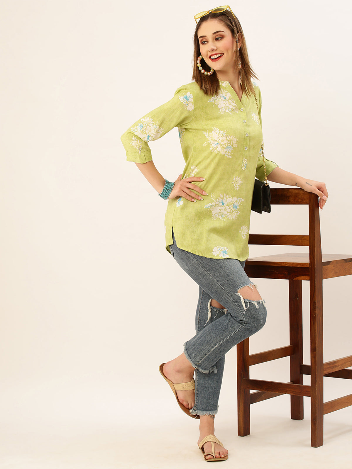 Odette Green Printed Rayon Stitched Short Kurta For Women