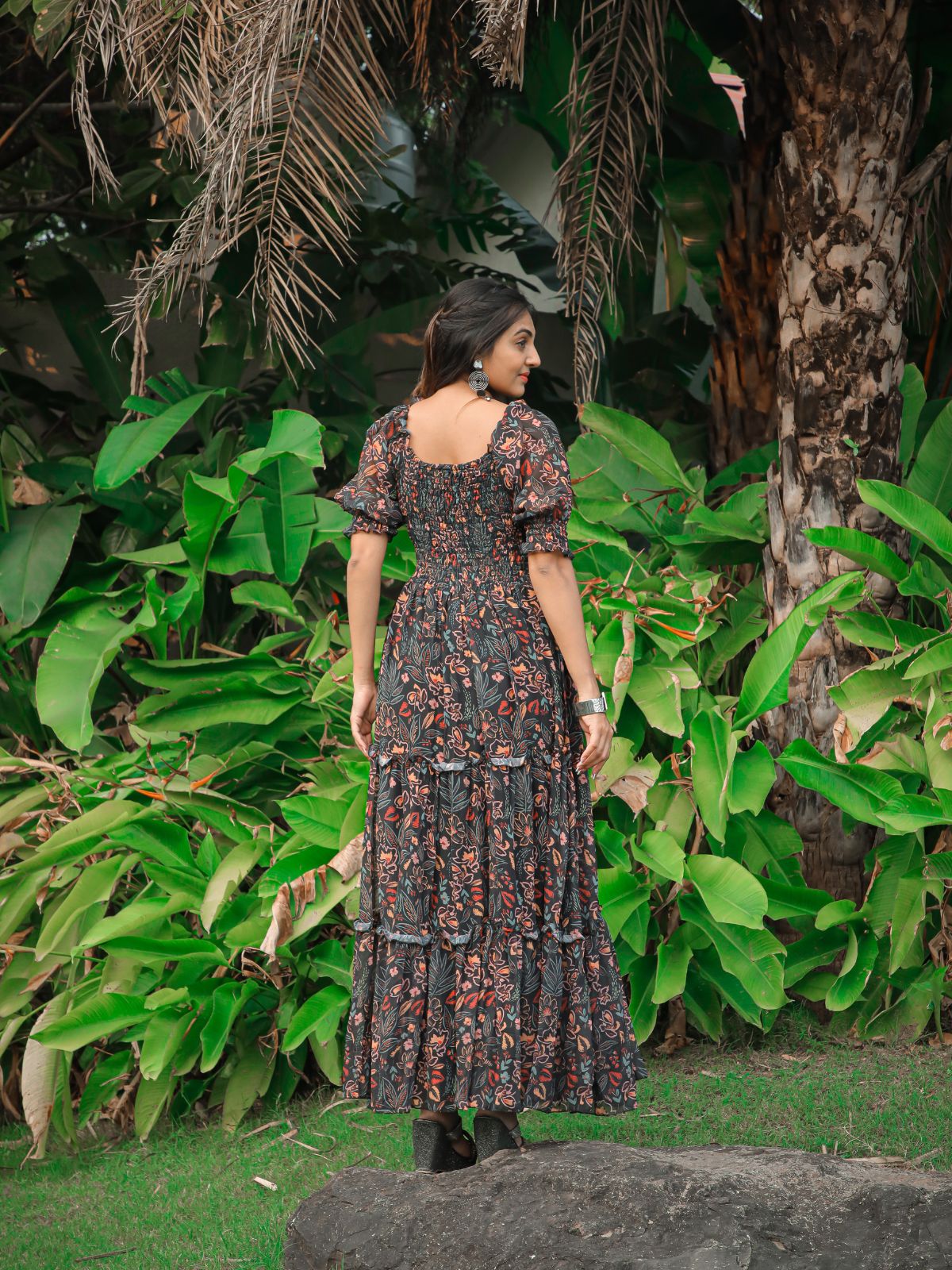 Odette Black Georgette Stitched Printed Indo Western Dress For Women