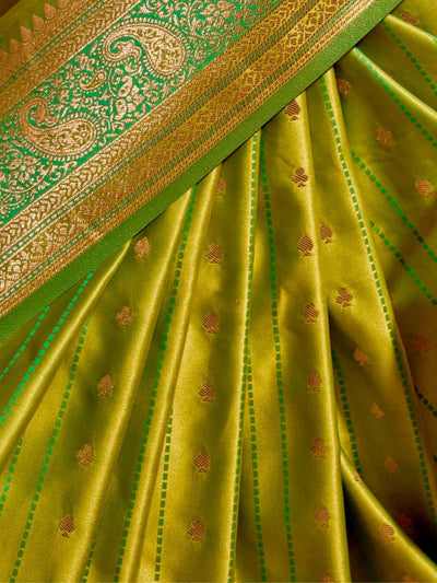 Odette Green Satin Woven Saree With Unstitched Blouse For Women