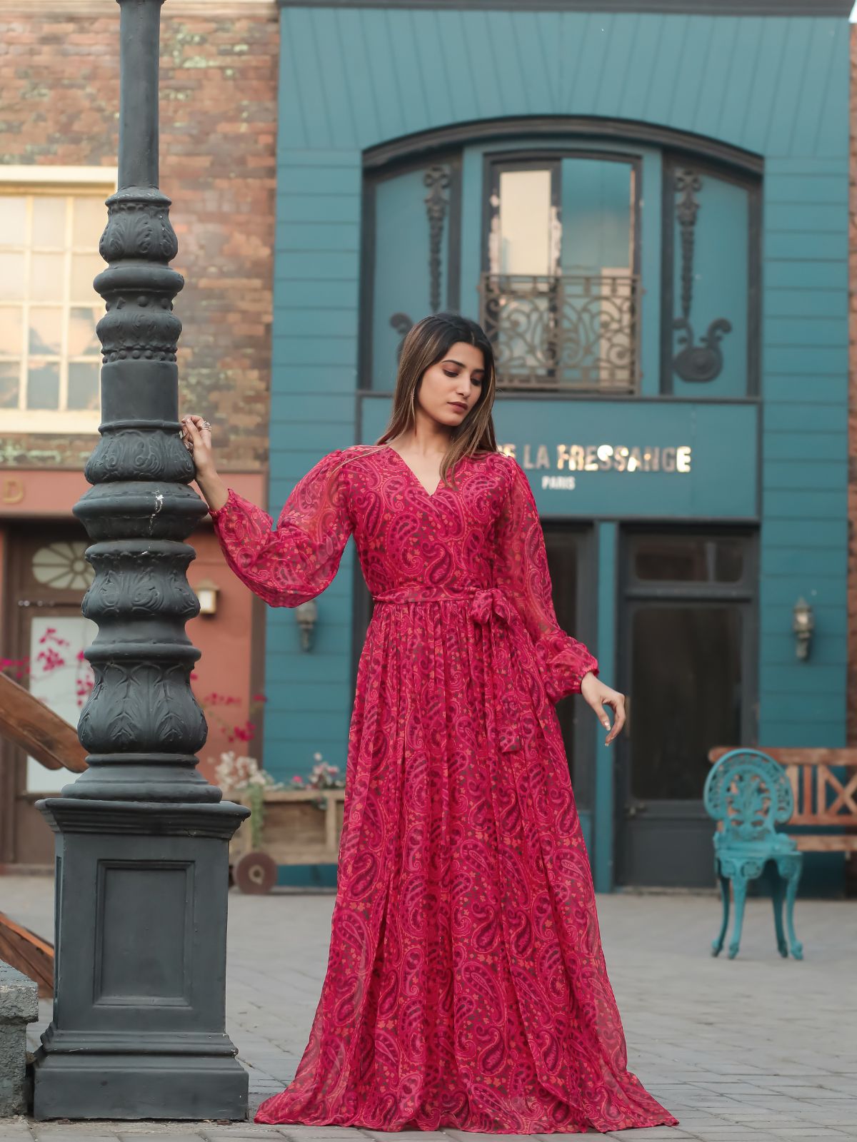 pink western dress Odette Pink Chiffon Stitched Printed Indo Western Dress For Women