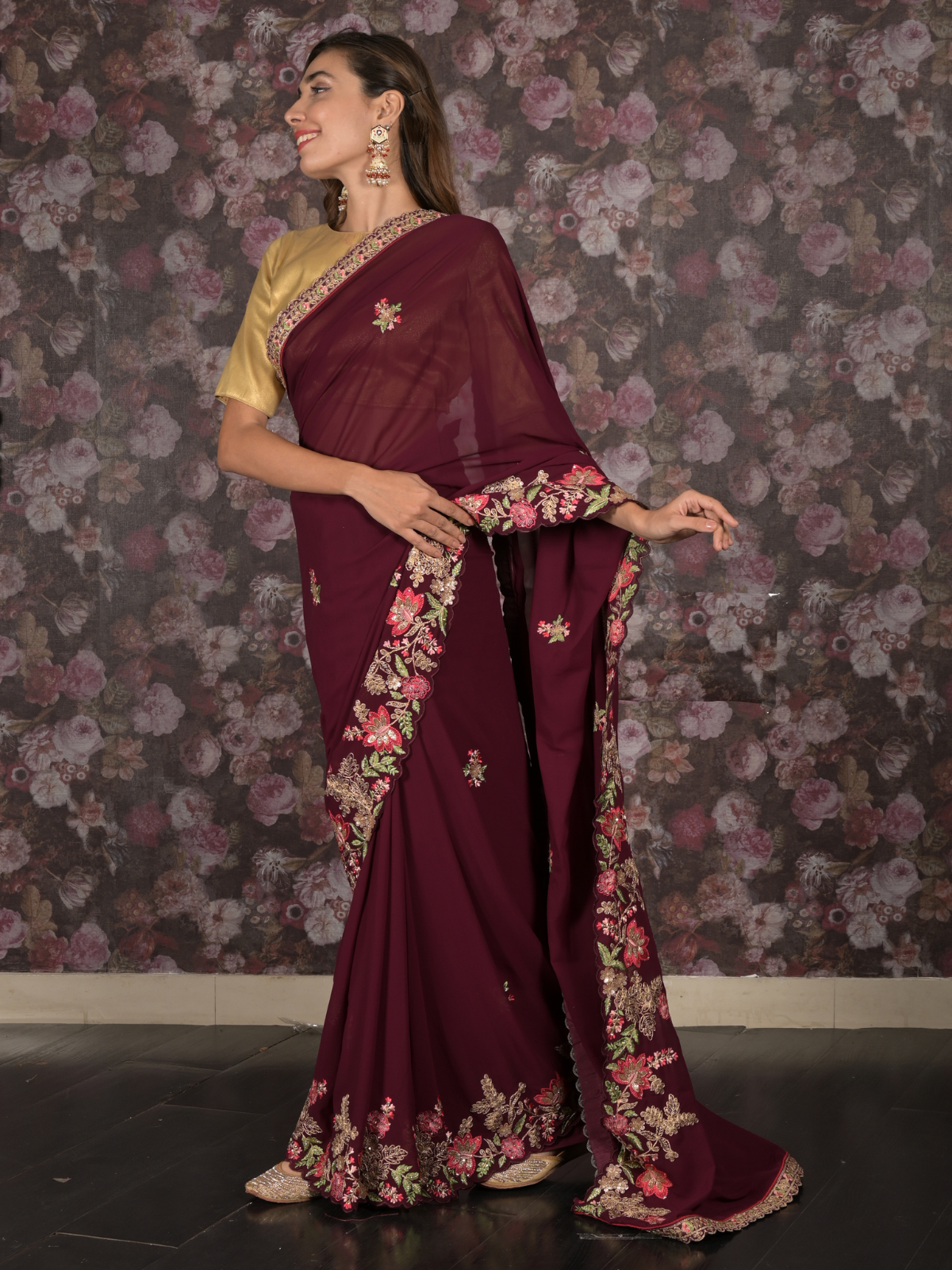 Odette Purple Floral Embroidered Georgette Saree with Unstitched Blouse for Women