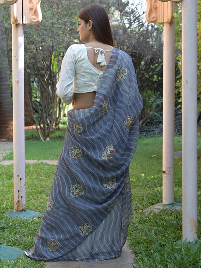 Odette Grey Embroidered Simmar Saree with Unstitched Blouse for Women