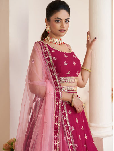 Odette Pink Georgette Embroidered Semi Stitched Lehenga With Unstitched Blouse for Women