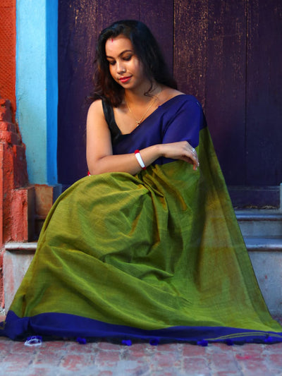 Odette Blue Cotton  Saree  With Unstitched Blouse for Women