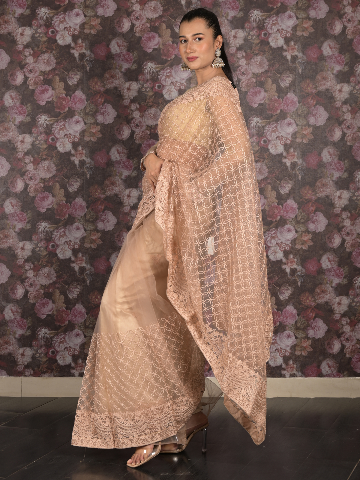 Odette Beige Thread Embroidered Net Saree with Unstitched Blouse for Women