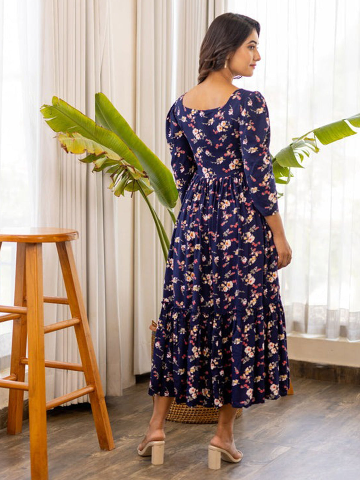 indo western midi dress Odette Navy Blue Rayon Stitched Printed Indo Western Dress For Women