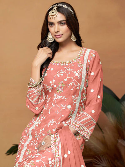 Odette Peach Embroidered Soft Organza Unstitched Kurta Set For Women