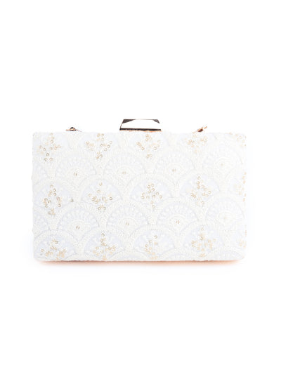 Odette Women White Embroidered Party Clutch